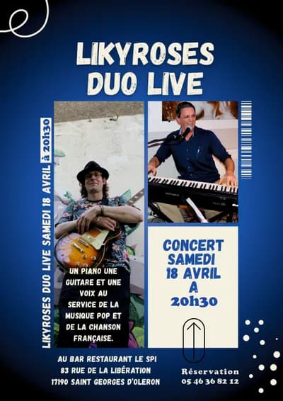 Concert au bar restaurant Le Spi à Domino : Likyroses le Samedi 18 avril 2026, musique pop et chansons françaises.