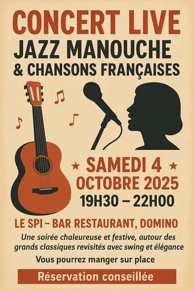 Concert au Bar Restaurant Le Spi à Domino Samedi 4 octobre 2025 de 19h30 à 22h : Jazz Manouche et chansons françaises