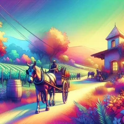 Balade en calèche tirée par un mulet jusqu'au chai du viticulteur Favre